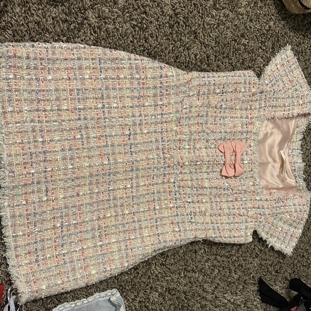 LoveShackFancy Pastel Tweed Bow Detail Girls' Dress